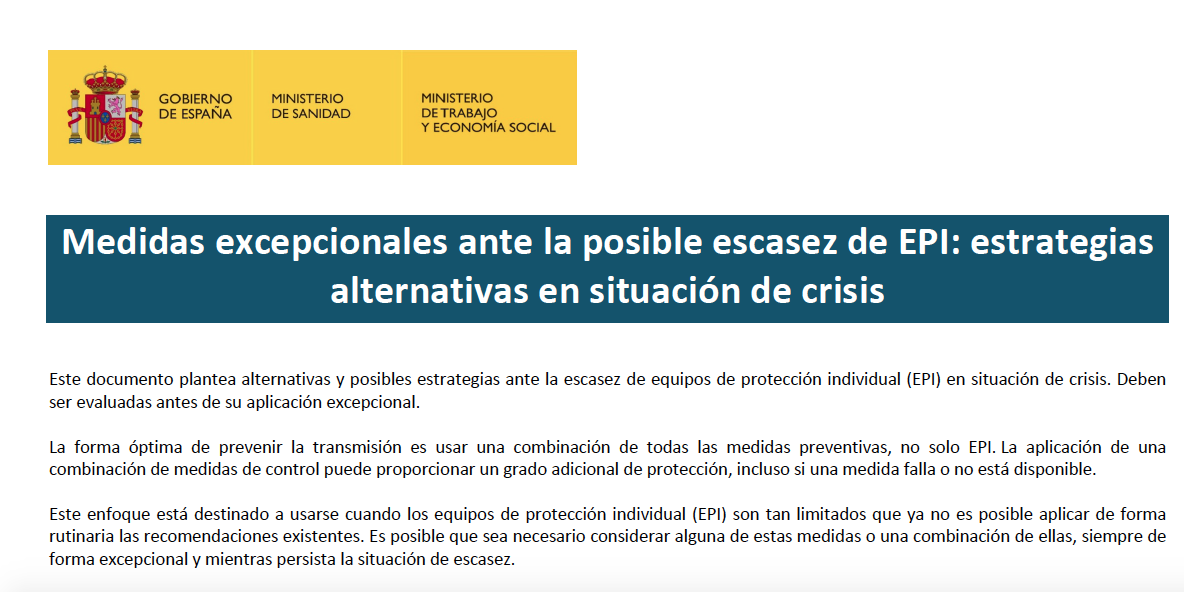 Lee más sobre el artículo Medidas excepcionales ante la posible escasez de EPI: estrategias alternativas en situación de crisis