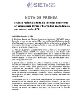 Lee más sobre el artículo NOTA DE PRENSA: SIETeSS reclama la falta de Técnicos Superiores en Laboratorio Clínico y Biomédico en Andalucía y el retraso en las PCR