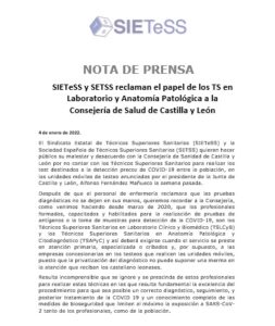 Lee más sobre el artículo SIETeSS y SETSS reclaman el papel de los TS en Laboratorio y Anatomía Patológica a la Consejería de Salud de Castilla y León