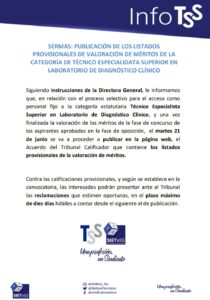 Lee más sobre el artículo SERMAS: PUBLICACIÓN DE LOS LISTADOS PROVISIONALES DE VALORACIÓN DE MÉRITOS DE LA CATEGORÍA DE TÉCNICO ESPECIALIDATA SUPERIOR EN LABORATORIO DE DIAGNÓSTICO CLÍNICO