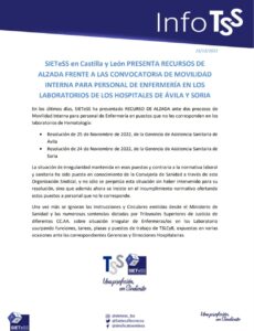 Lee más sobre el artículo PRESENTACIÓN RECURSOS DE ALZADA FRENTE A LAS CONVOCATORIA DE MOVILIDAD INTERNA PARA PERSONAL DE ENFERMERÍA EN LOS LABORATORIOS DE LOS HOSPITALES DE ÁVILA Y SORIA