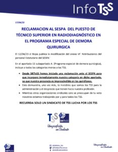 Lee más sobre el artículo ASTURIAS: RECLAMACION AL SESPA POR LA INCLUSIÓN DEL TÉCNICO SUPERIOR EN RADIODIAGNÓSTICO EN EL PROGRAMA ESPECIAL DE DEMORA QUIRURGICA