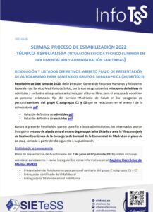 Lee más sobre el artículo SERMAS: PROCESO DE ESTABILIZACIÓN 2022 TÉCNICO  ESPECIALISTA (TITULACIÓN EXIGIDA TÉCNICO SUPERIOR EN DOCUMENTACIÓN Y ADMINISTRACIÓN SANITARIAS)