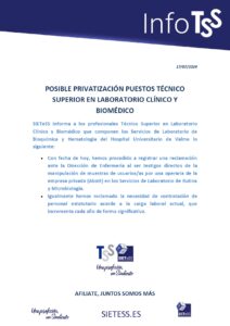 Lee más sobre el artículo ANDALUCÍA: POSIBLE PRIVATIZACIÓN PUESTOS TÉCNICO SUPERIOR EN LABORATORIO CLÍNICO Y BIOMÉDICO