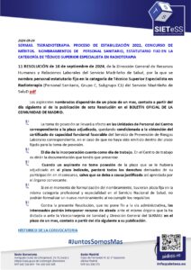 Lee más sobre el artículo SERMAS. TSERADIOTERAPIA. PROCESO DE ESTABILIZACIÓN 2022, CONCURSO DE MÉRITOS.  NOMBRAMIENTOS DE  PERSONAL SANITARIO, ESTATUTARIO FIJO EN LA CATEGORÍA DE TÉCNICO SUPERIOR ESPECIALISTA EN RADIOTERAPIA