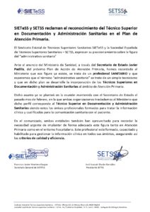 Lee más sobre el artículo SIETeSS y SETSS reclaman el reconocimiento del Técnico Superior en Documentación y Administración Sanitarias en el Plan de Atención Primaria.