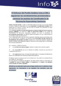 Lee más sobre el artículo El Defensor del Pueblo Andaluz insta al SAS a regularizar los nombramientos provisionales y convocar los puestos de Coordinador/a de Técnicos/as Especialistas Sanitarios