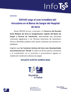 Lee más sobre el artículo SIETeSS exige el cese inmediato del intrusismo en el Banco de Sangre del Hospital de Soria