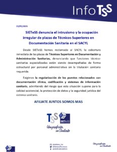 Lee más sobre el artículo SIETeSS denuncia el intrusismo y la ocupación irregular de plazas de Técnicos Superiores en Documentación Sanitaria en el SACYL